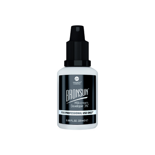 Milk/cream developer 3% used with Bronsun lash and brow dye tint, highly pigmented stains the skin up to 7 days and hairs up tp 7 weeks. south africa
